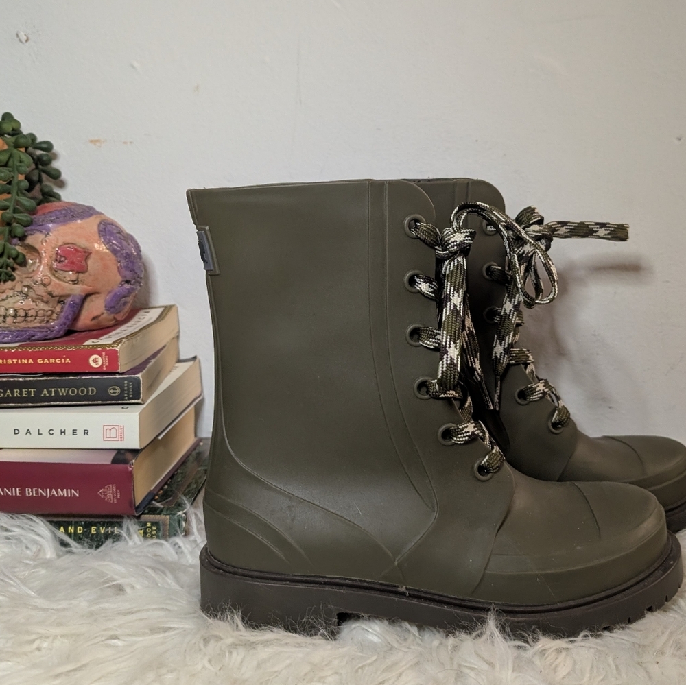 Cougar Army Moss Green Waterproof Rubber Rain Combat Lug Sole Boots 7 Heavy Duty
